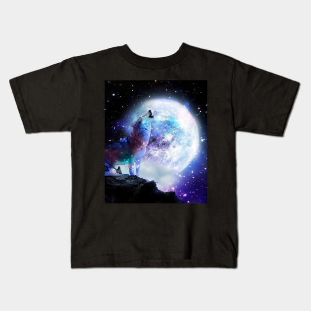 Cosmic Space Wolf Wolves Howling At Moon Kids T-Shirt by Random Galaxy